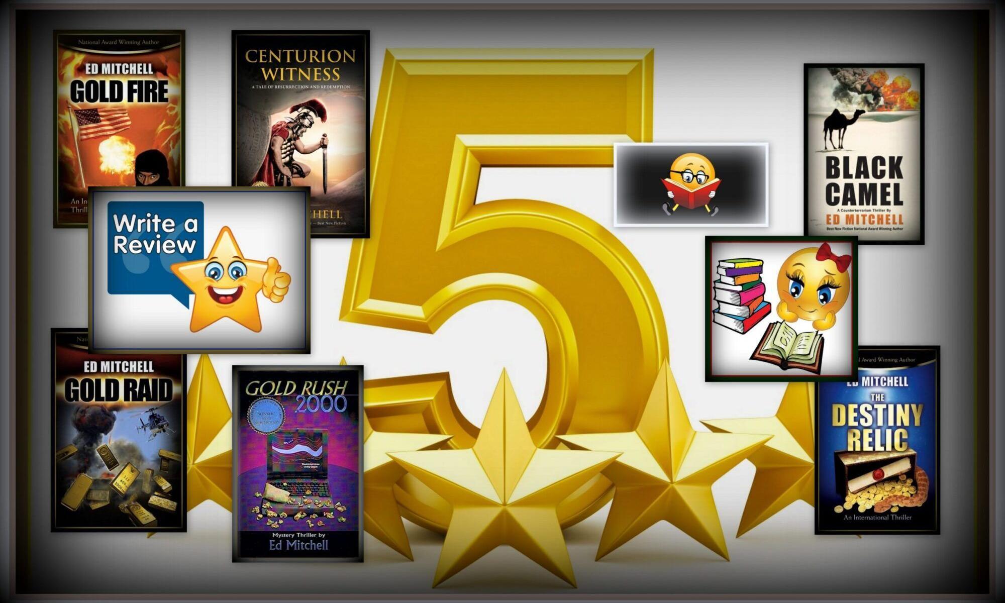 5 stars and emojis asking for book reviews